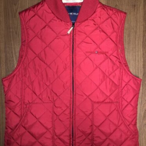 Tommy Hilfiger Outerwear Puffer Vest Womens Size Medium Red Yellow Plaid Logo - Picture 1 of 10